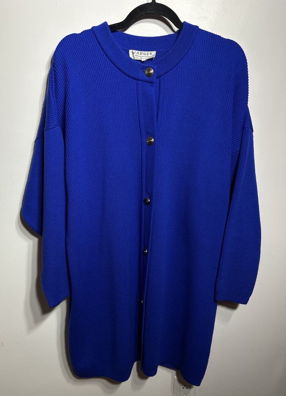 Vintage Jaeger Cardigan Women's Medium Blue Wool Gold Buttons Long~Great Britain